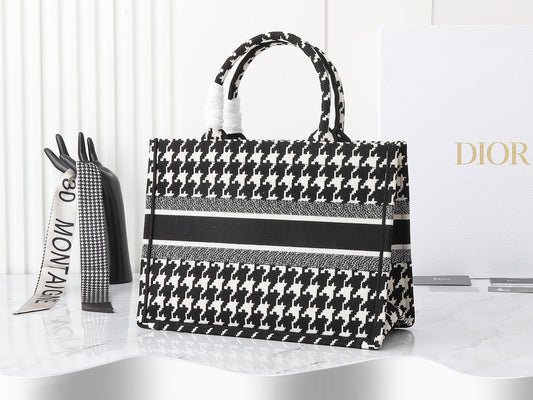 Dior Medium Book Tote Black and White Macro Houndstooth Embroidery