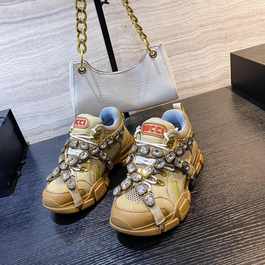 Gucci  X SEGA Mesh Canvas Calfskin Removable Crystals Flashtrek Sneakers 40 Mystic White Oatmeal Sand Storm