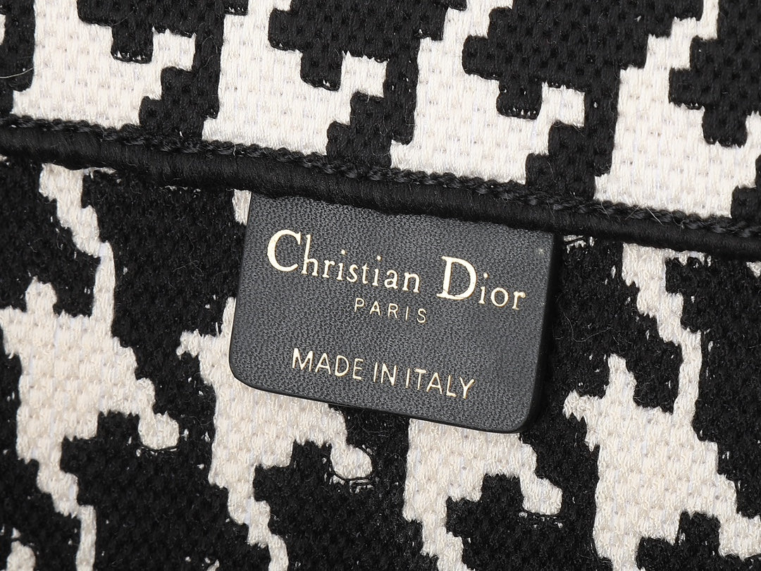 Dior Medium Book Tote Black and White Macro Houndstooth Embroidery