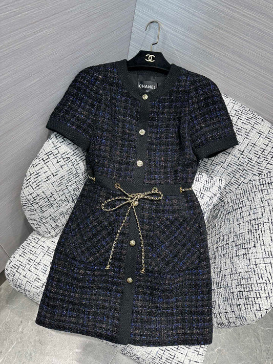 Chain Belt Short Sleeves Tweed Dress premium quality