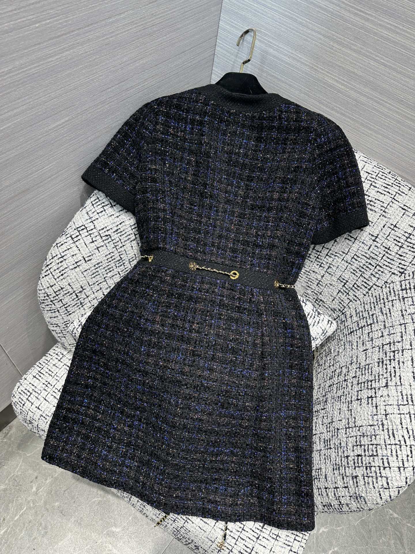 Chain Belt Short Sleeves Tweed Dress premium quality